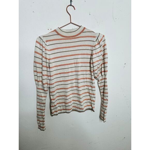 SEE BY CHLOÉ Cream Pink Striped Puff Sleeves Crewneck Sweater Size Medium - Picture 2 of 14